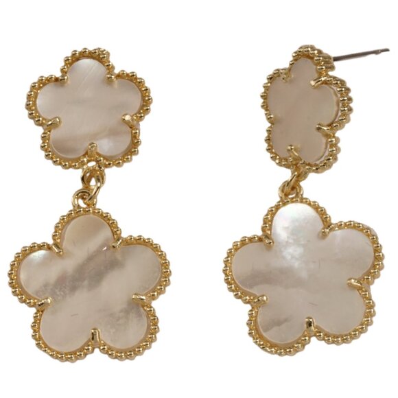 2 Sided Double Flower Clover Drop Dangle Earrings, Pave/Malachite - Picture 3 of 5